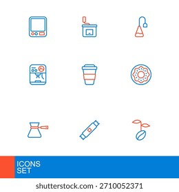 Set line Granos de café, paquetes de palo de azúcar, turk, donut, máquina, taza para llevar, bolsita de té y el icono de molinillo de café manual. Vector