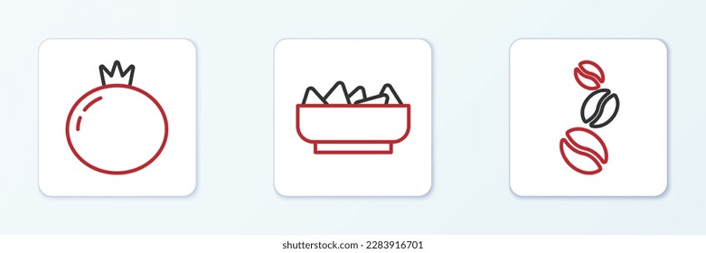 Ponga la línea Granos de café, tomate y nachos en el icono del tazón. Vector