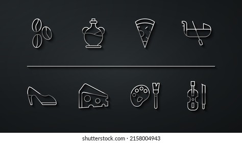 Set line Coffee beans, Woman shoe, Gondola, Paint brush with palette, Cheese, Bottle olive oil, Violin and Slice pizza icon. Vector