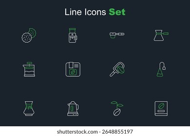 Set line Coffee book, beans, Electric kettle, Pour over coffee maker, Tea bag, Spatula with grain, Bag and French press icon. Vector