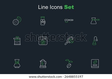 Set line Coffee book, beans, Electric kettle, Pour over coffee maker, Tea bag, Spatula with grain, Bag and French press icon. Vector