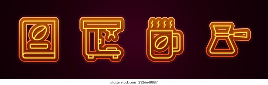 Set line Coffee book, machine, cup and turk. Glowing neon icon. Vector