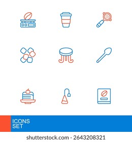 Set line Coffee book, Tea bag, Piece cake, Teaspoon, Sugar cubes, table, filter holder and cup to go icon. Vector