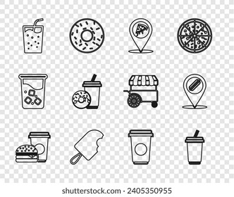 Set line Coffee and burger, Glass with water, Location slice pizza, Ice cream, Soda drink donut, cup and hotdog icon. Vector