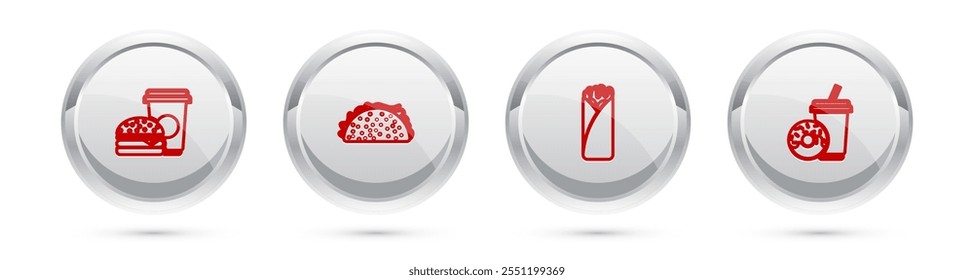 Set line Coffee and burger, Taco with tortilla, Burrito and Soda drink donut. Silver circle button. Vector