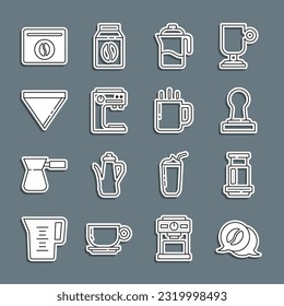 Set line Coffee and conversation, Aeropress coffee, tamper, French, machine, paper filter, Bag beans and cup icon. Vector