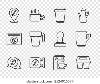 Set line Coffee and conversation, cup to go, Street signboard coffee, Location with bean, machine and  icon. Vector