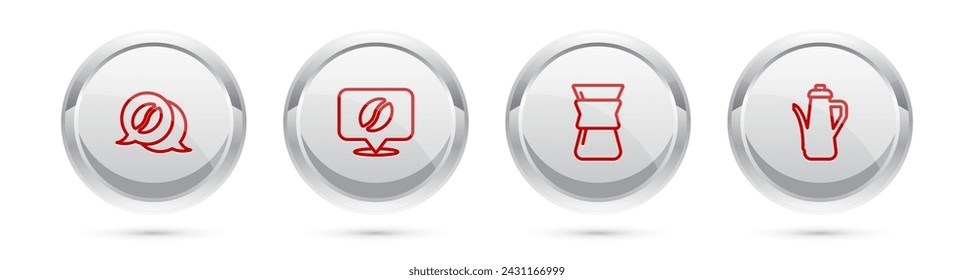 Set line Café y conversación, Ubicación con el grano de café, Verter sobre la cafetera y la tetera. Botón de círculo plateado. Vector