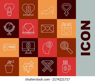 Set line Coffee cup with 8 March, Search, Gift box and heart, Woman shoe, Online dating app chat, Round makeup mirror, Heart shape light bulb and Envelope icon. Vector