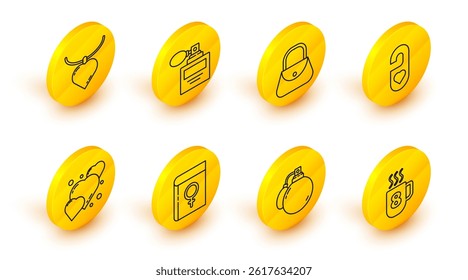 Set line Coffee cup with 8 March, Perfume, Book about women, Heart, Please do not disturb heart, Handbag,  and Necklace shaped pendant icon. Vector