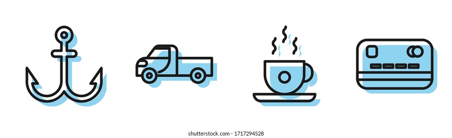 Set line Coffee cup, Anchor, Pickup truck and Credit card icon. Vector