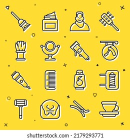 Set line Coffee cup, Barber shop pole, Barbershop with razor, Client in barbershop, Round makeup mirror, Shaving brush, Mop and Electrical hair clipper icon. Vector