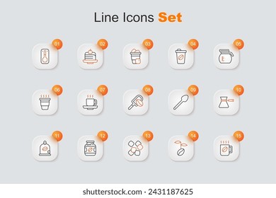 Set line Coffee cup, beans, Sugar cubes, jar bottle, Bag coffee, turk, Teaspoon and Spatula with grain icon. Vector