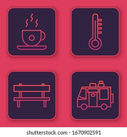 Set line Coffee cup, Bench, Meteorology thermometer and Rv Camping trailer. Blue square button. Vector