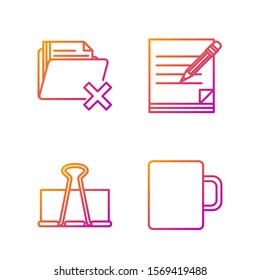 Set line Coffee cup, Binder clip, Delete folder and Blank notebook and pencil with eraser. Gradient color icons. Vector