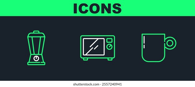 Set line Coffee cup, Blender and Microwave oven icon. Vector