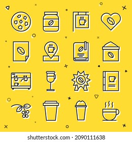 Set line Coffee cup, book, Bag coffee beans, Street signboard, Location with, poster, Cookie or biscuit and  icon. Vector