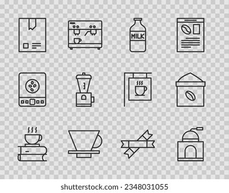 Set line Coffee cup and book, Manual coffee grinder, Bottle with milk, V60 maker, Bag beans, Electric, Sugar stick packets and  icon. Vector