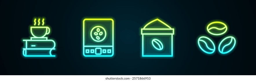 Set line Coffee cup and book, Electronic coffee scales, Bag beans and . Glowing neon icon. Vector