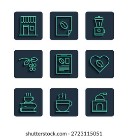 Set line Coffee cup and book, Manual coffee grinder, Electric, Newspaper, bean, branch, shop and Lovers icon. Vector