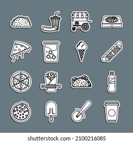 Set line Coffee cup, Bottle water, Hotdog sandwich, Fast street food cart, Glass with, Slice pizza, Taco tortilla and Ice cream in waffle cone icon. Vector