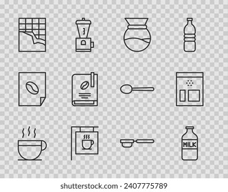 Set line Coffee cup, Bottle with milk, Pour over coffee maker, Street signboard, Chocolate bar, book, filter holder and Bag beans icon. Vector