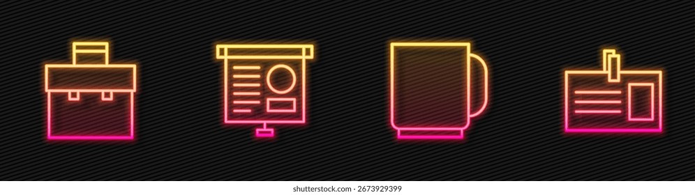 Set line Coffee cup, Briefcase, Chalkboard with diagram and Identification badge. Glowing neon icon. Vector