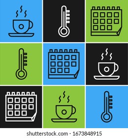 Fije la línea Coffee cup, Calendario y Termómetro Meteorológico. Vector