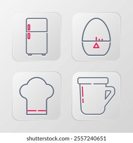 Set line Coffee cup, Chef hat, Kitchen timer and Refrigerator icon. Vector