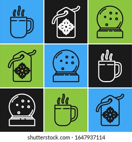 Set line Coffee cup, Christmas snow globe with fallen snow and Price tag with an inscription Sale icon. Vector