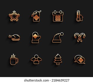 Set line Coffee cup, Christmas angel, Snowflake, tree, with speech bubble, mitten, candy cane stripes and Santa Claus hat icon. Vector