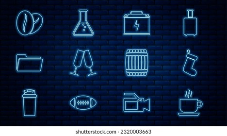 Set line Coffee cup, Christmas sock, Car battery, Glasses champagne, Folder, beans, Wooden barrel and Test tube and flask icon. Vector