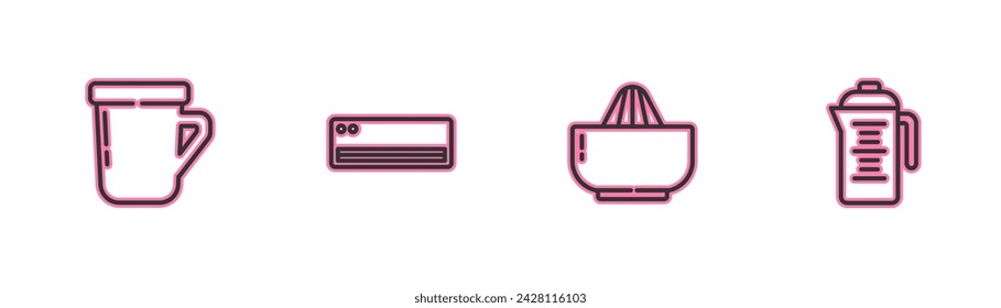 Set line Coffee cup, Citrus fruit juicer, Air conditioner and Teapot icon. Vector