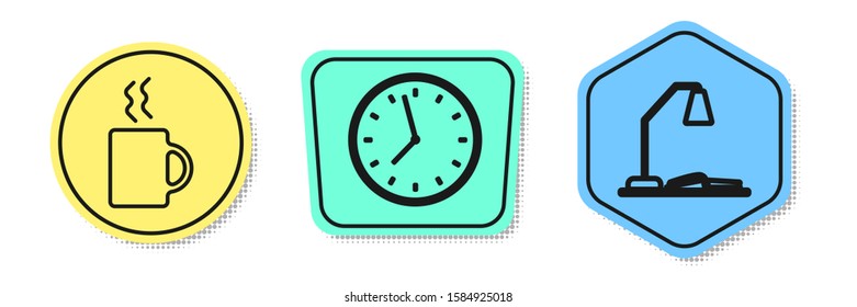 Set line Coffee cup, Clock and Workplace with table lamp and open book. Colored shapes. Vector