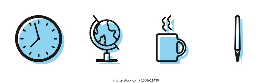 Set line Coffee cup, Clock, Earth globe and Pen icon. Vector