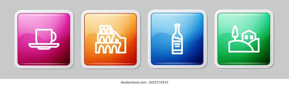 Set line Coffee cup, Coliseum in Rome, Bottle wine and Village landscape. Colorful square button. Vector