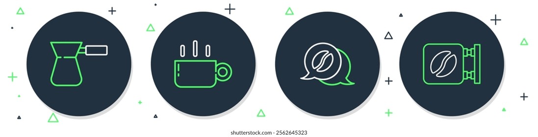 Set line Coffee cup, and conversation, turk and Street signboard coffee icon. Vector