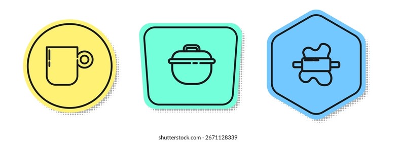 Set line Taza de café, olla y rodillo en la masa. Formas de colores. Vector