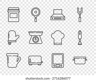 Set line Coffee cup, Cooking pot, Kitchen extractor fan, Toaster, Jam jar, Scales, Electronic scales and Blender icon. Vector