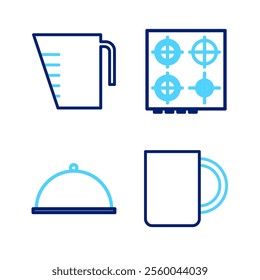 Set line Coffee cup, Covered with tray, Gas stove and Measuring icon. Vector