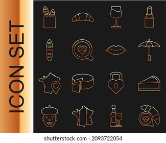 Set Line Coffee Cup With Croissant, Cherry Cheesecake Slice, Umbrella For Beach, Wine Glass, French Baguette Bread,  And Smiling Lips Icon. Vector