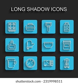 Set line Coffee cup, Cutting board, Gas stove, Microwave oven, Blender, Oven glove, Jam jar and Bowl icon. Vector