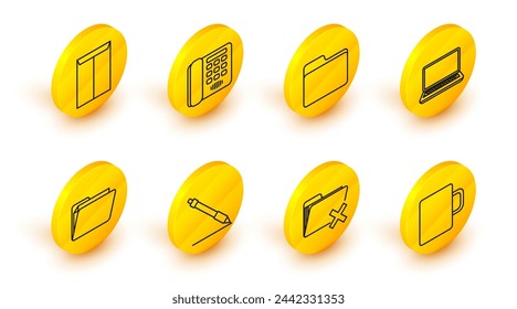 Set line Coffee cup, Delete folder, Pen line, Document, Laptop, Telephone and Envelope icon. Vector