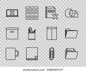 Set line Coffee cup, Document folder, Delete file document, File, Laptop and cross mark on screen, Pencil case stationery, Paper clip and  icon. Vector