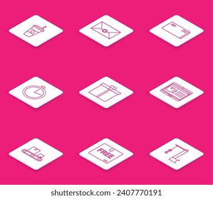 Fijar la línea Coffee cup, Envelope, Stopwatch, Gift box, Laptop con seguimiento de entrega de aplicaciones, Cartón de la correa del distribuidor y icono del símbolo libre de cartón. Vector