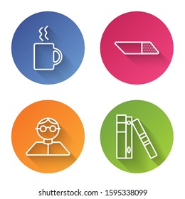 Set line Coffee cup, Eraser or rubber, Student and Office folders with papers and documents. Color circle button. Vector
