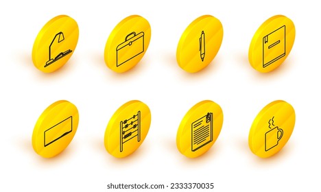 Set line Coffee cup, File document and paper clip, Abacus, Chalkboard, Notebook, Pen, Briefcase and Workplace with table lamp open icon. Vector