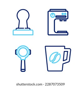 Set line Coffee cup, filter holder, machine and tamper icon. Vector