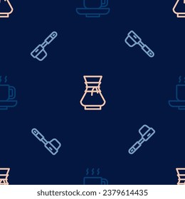 Set line Coffee cup, filter holder and Pour over coffee maker on seamless pattern. Vector