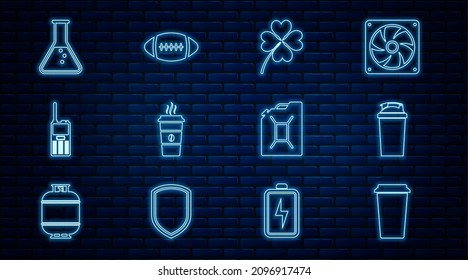 Set line Coffee cup, Fitness shaker, Four leaf clover, Walkie talkie, Test tube and flask, Canister for gasoline and American Football ball icon. Vector